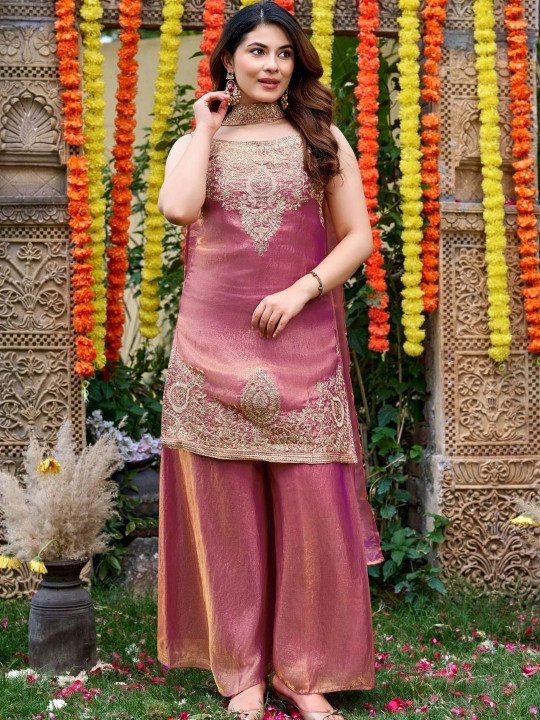 Women Ethnic Motifs Embroidered Regular Thread Work Kurti Palazzos Dupatta