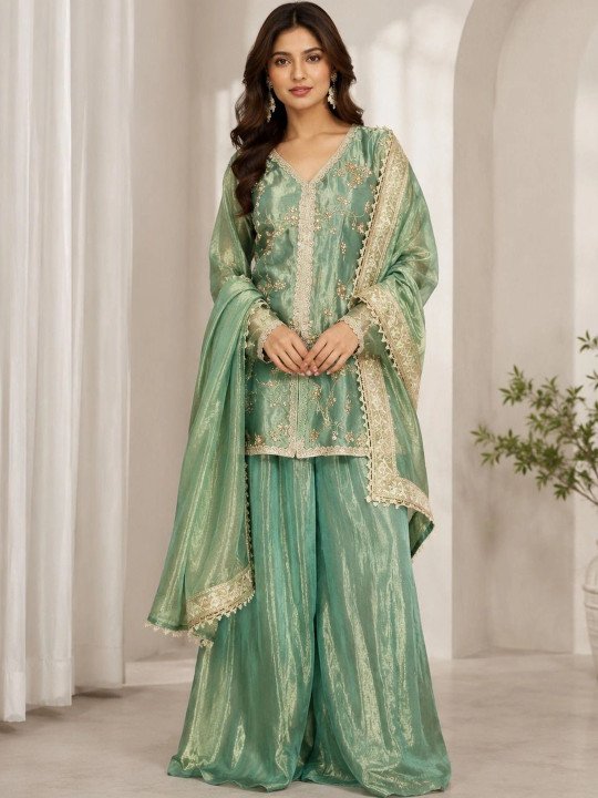 Women Ethnic Motifs Embroidered Regular Kurta with Sharara & Dupatta