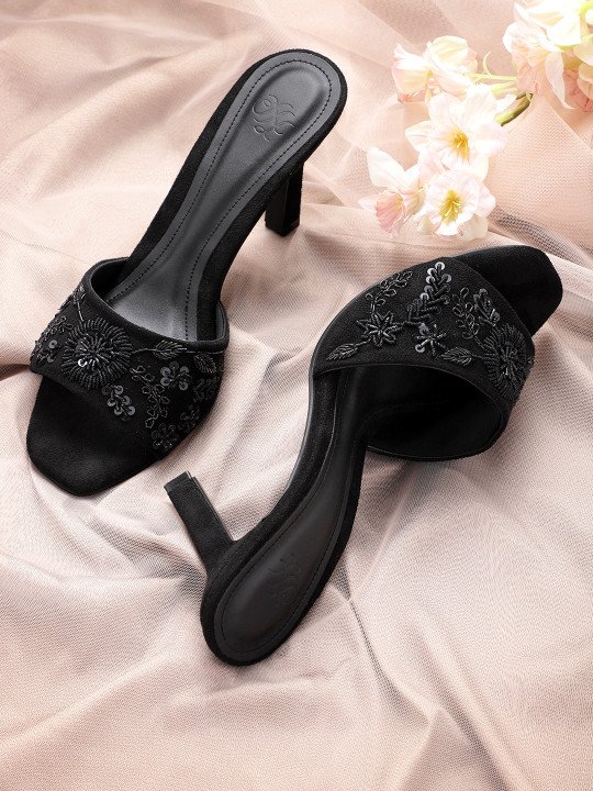 Women Black Western Embellished Handcrafted Heels
