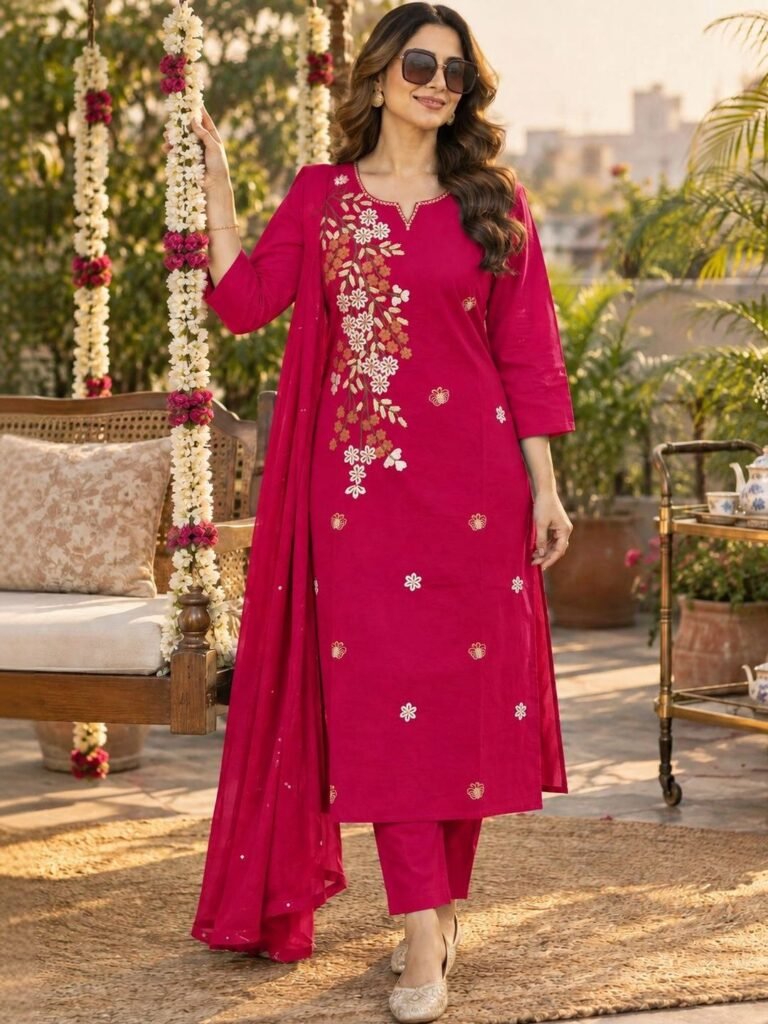 Women Ethnic Motifs Embroidered Regular Thread Work Pure Cotton Kurta with Trousers & With