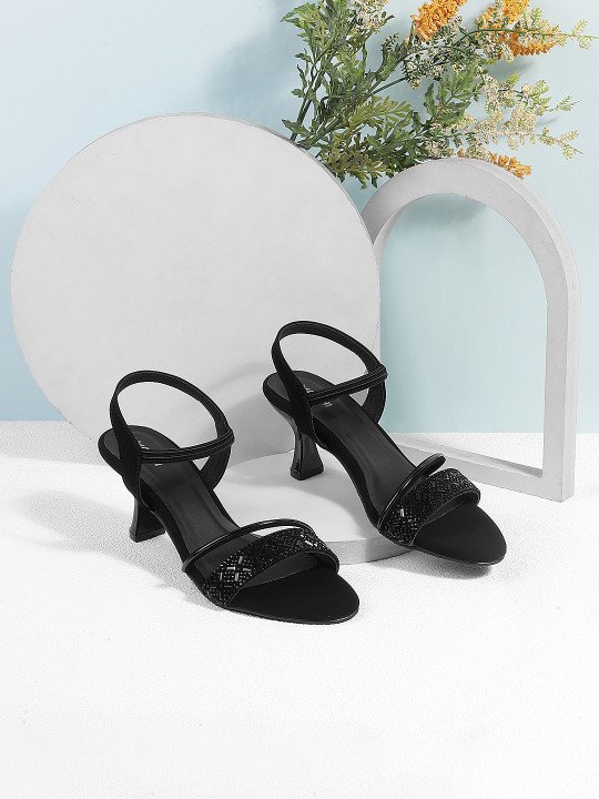 Womens Black Embellished Open Toe Kitten Heels Sandal