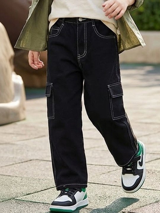 Boy's Black Loose Baggy Fit Washed Denim Cargo Jeans with Stretchable