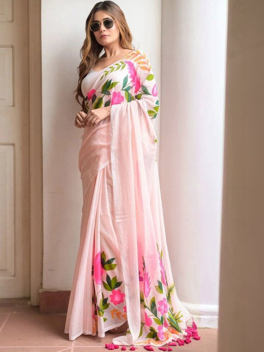Floral Pure Cotton Designer Khadi Saree