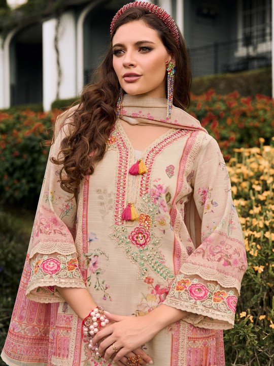 Floral Printed V-Neck Sequinned Linen Kurta With Trousers And Dupatta