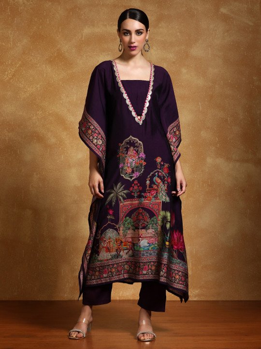 Ethnic Motifs Printed Sequinned Square Neck Kaftan Kurta With Trousers