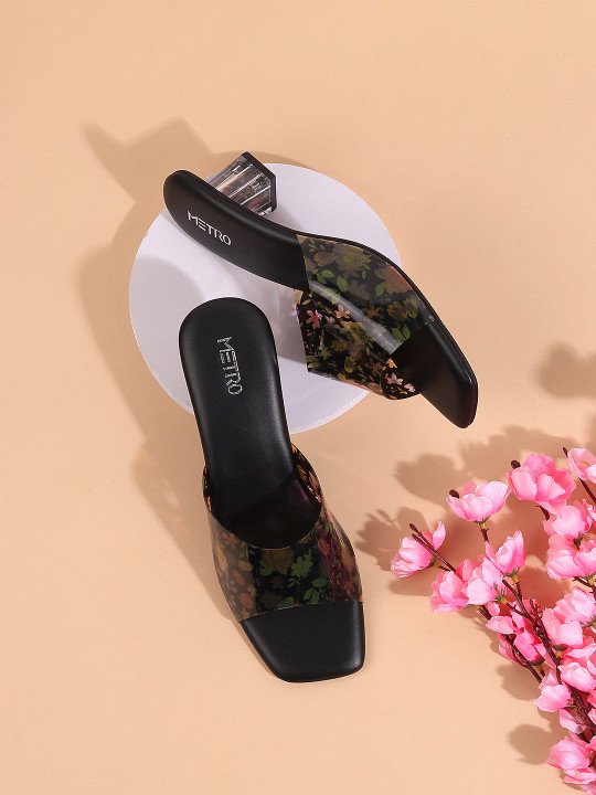Womens Black Printed Open Toe Block Heels