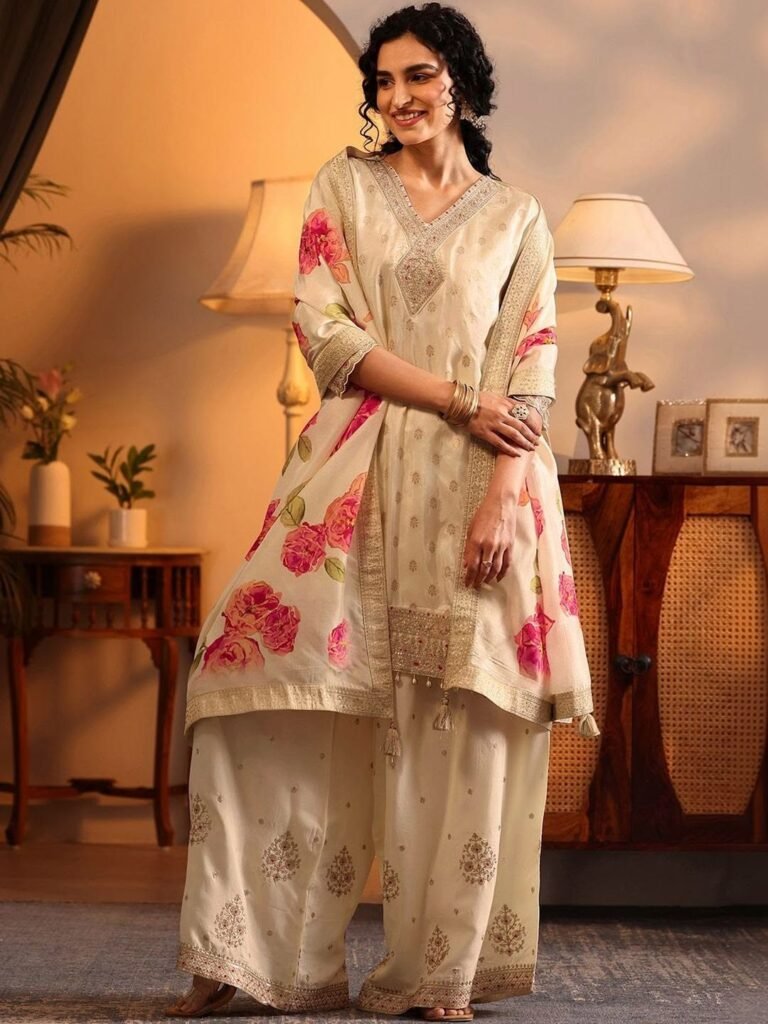 Women Ethnic Motifs Regular Thread Work Kurta with Palazzos & With Dupatta