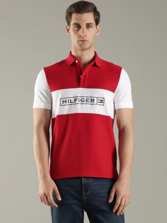 Men Brand Logo Colourblocked Polo Collar T-shirt