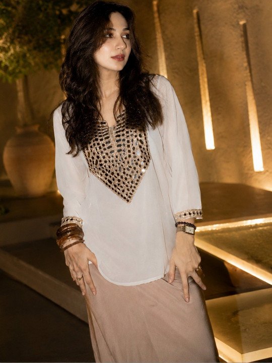 White Embellished Georgette Loose Fit V-Neck Top