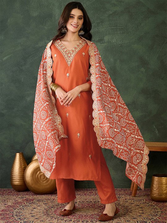 Zari Floral Embroidered V-Neck Straight Kurta With Trousers & Dupatta