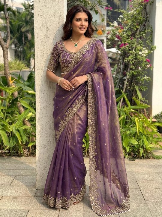 Embellished Embroidered Sequinned Sarees With Unstitched Blouse Piece