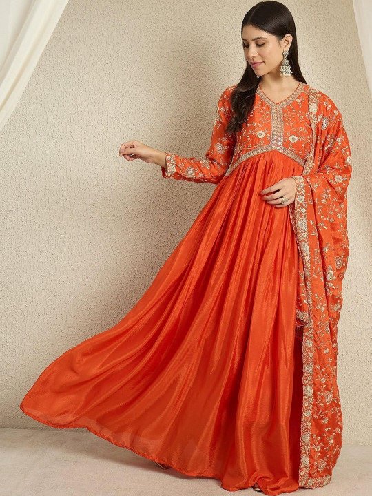Women Floral Embroidered Empire Kurta with Pyjamas & With Dupatta