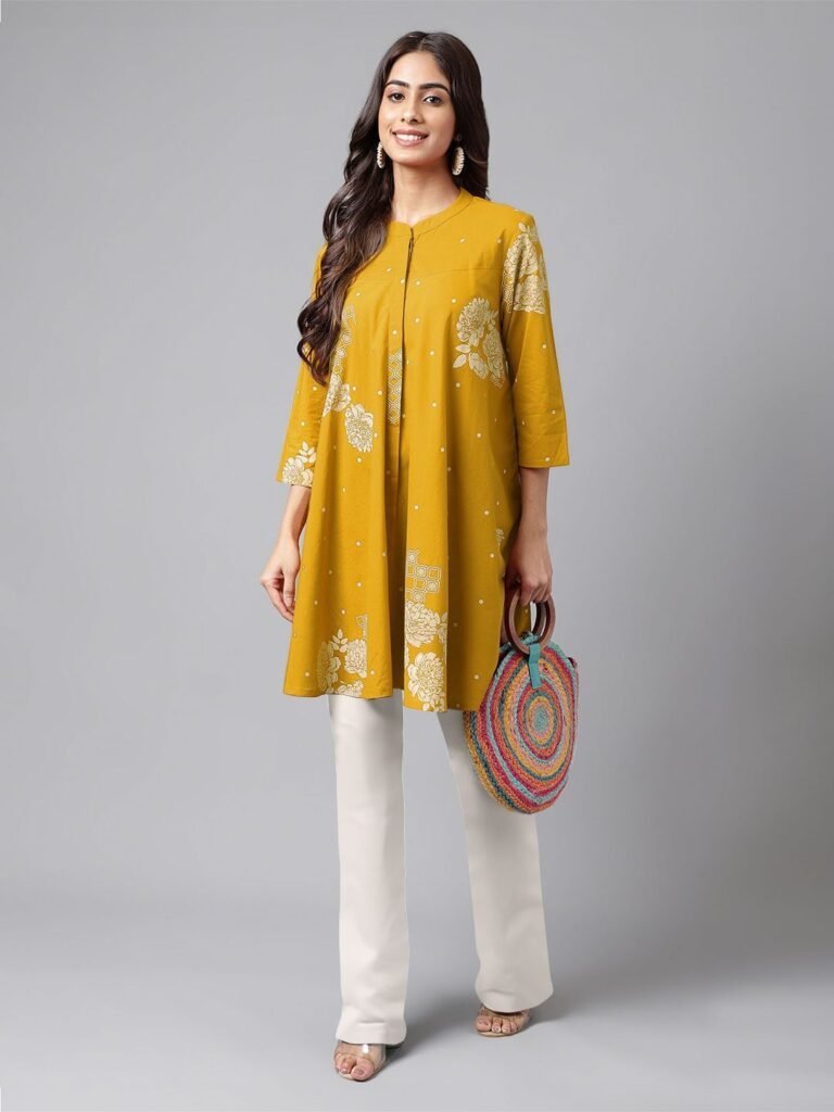 Women Mustard Pure Cotton Floral Printed Flared Collar Tunic