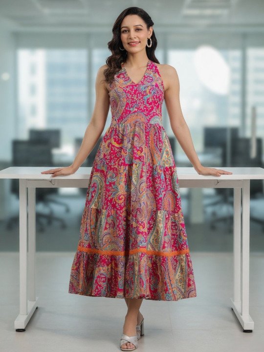 Ethnic Motifs Printed Maxi Fit & Flare Tiered Pure Cotton Dress