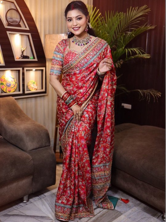 Floral Embroidered Pure Chiffon Saree