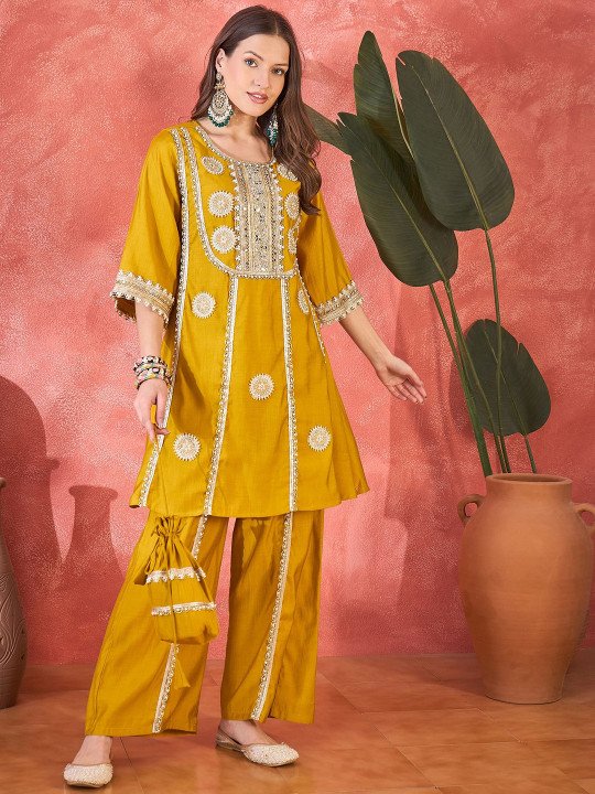 Women Floral Embroidered & Sequined A-Line Kurta With Palazzos & Bag