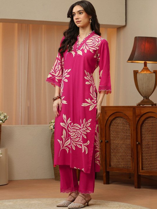 Pink Floral Printed Rayon Straight Kurta Set