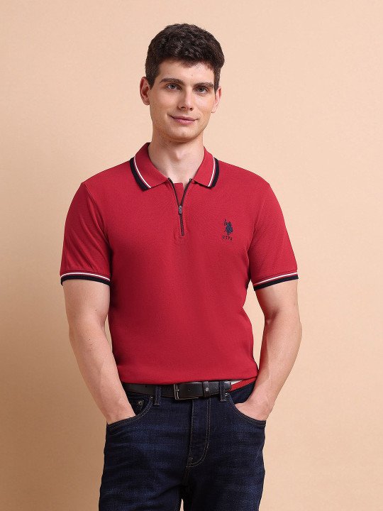 U.S. Polo Assn. | Men Red Zipper Polo Collar Cotton T-shirt