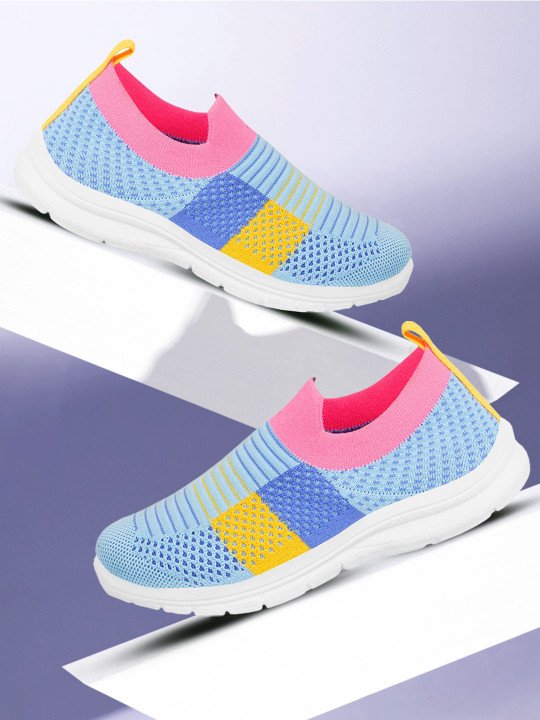 YK | Girls Black Textured Contrast Sole Comfort Insole Flyknit Slip-On Sneakers