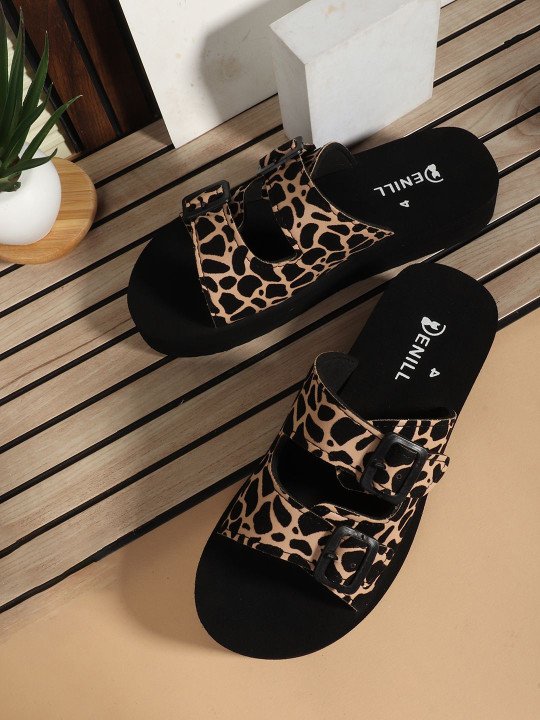 Denill | Women Printed Velvet Open Toe Flats with Buckles