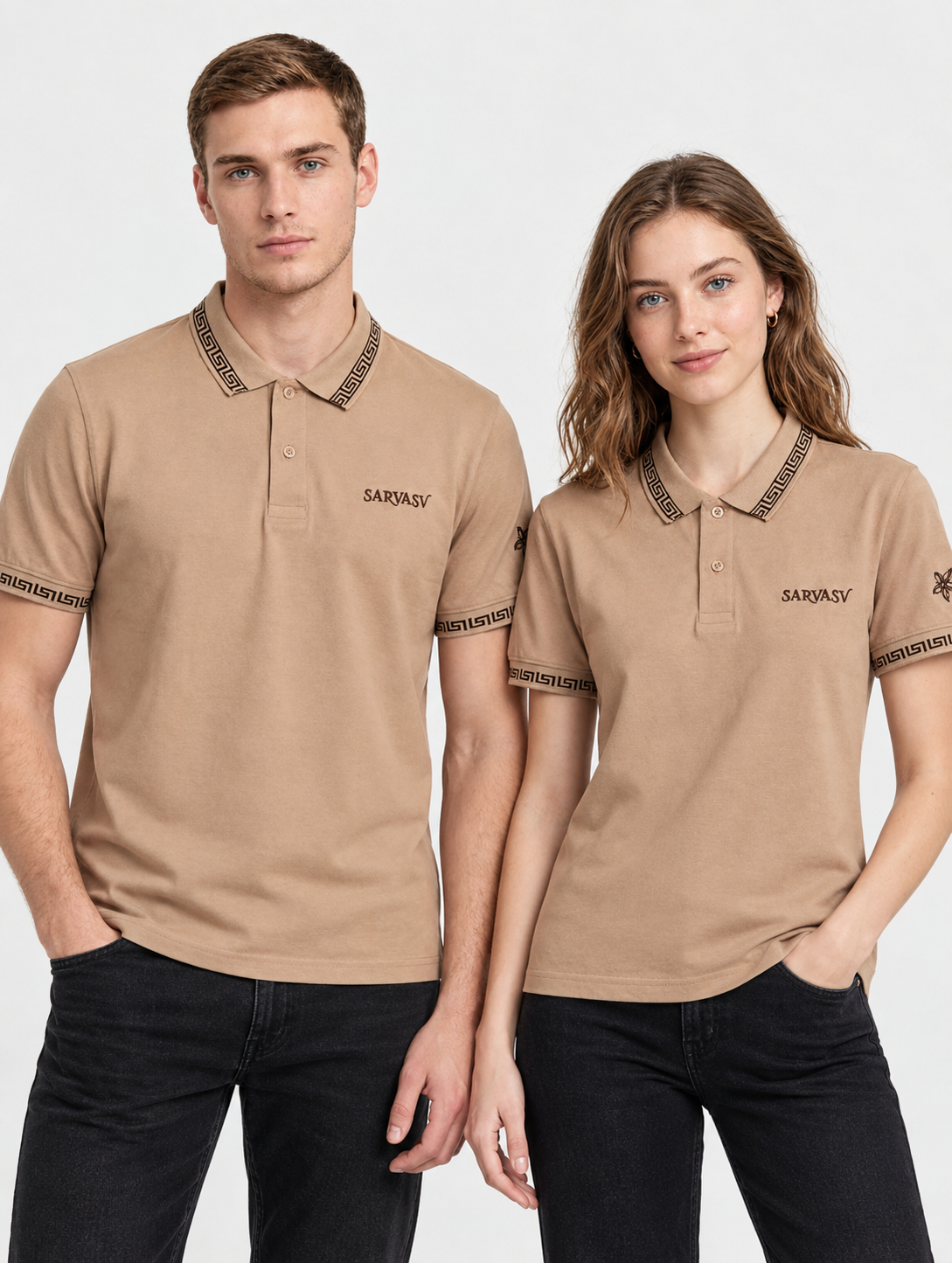 SARVASV Premium Beige Greek Boarder Polo T-Shirt for Men & Women