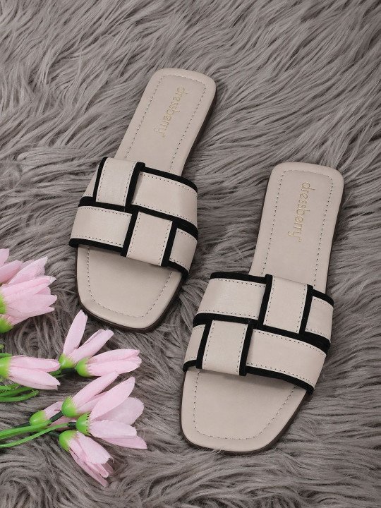 DressBerry | Beige Woven Design Open Toe Flats