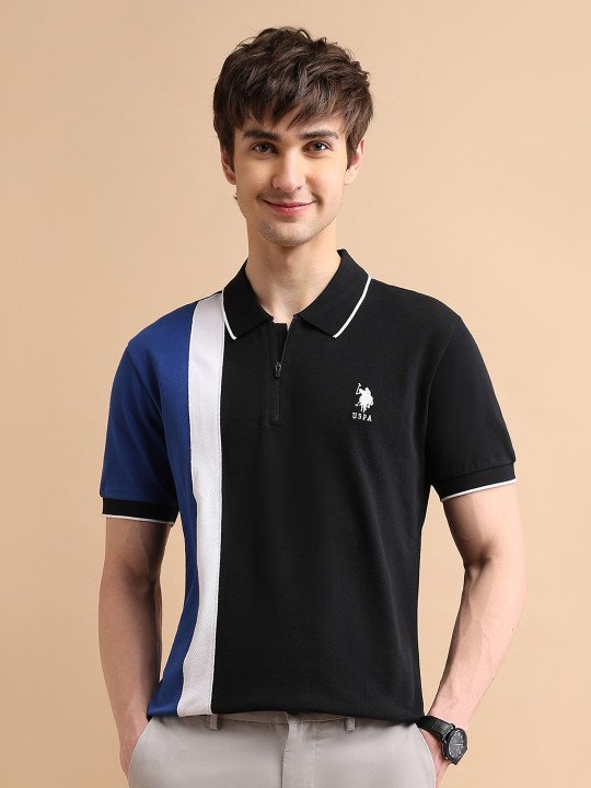 U.S. Polo Assn. | Men Colourblocked Polo Collar Slim Fit Pure Cotton T-shirt