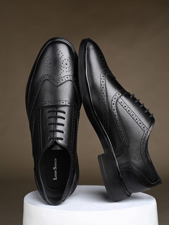 LOUIS STITCH | Men Jet Black Leather Lace-Up Formal Brogues