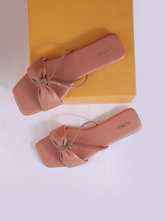 Metro | Womens Peach Embellished Open Toe T-Strap Flats