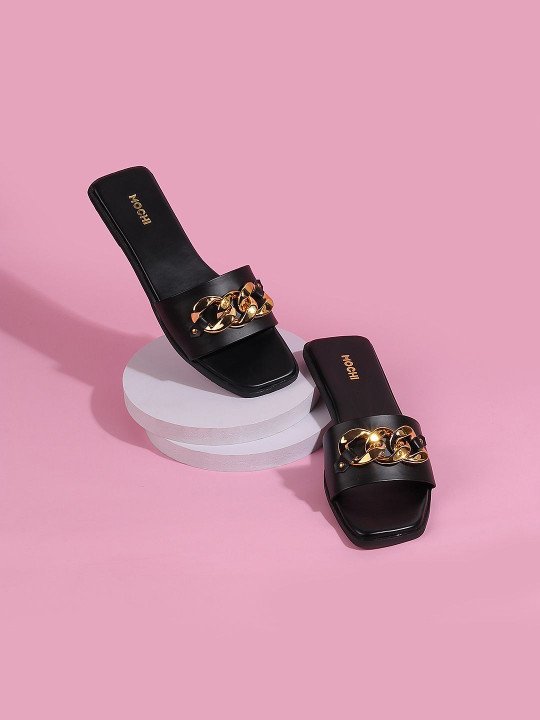 Mochi | Women Black Embellished Open Toe Flats
